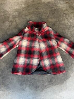 JET JOHN ESHAYA Red Plaid Wool Open Jacket w/ 3 Snaps at Neck Woman’s Small